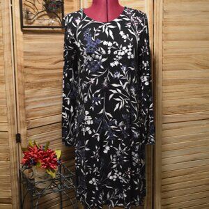 Loft Outlet S Black/White Floral A-line Dress L/S Scoop Neck